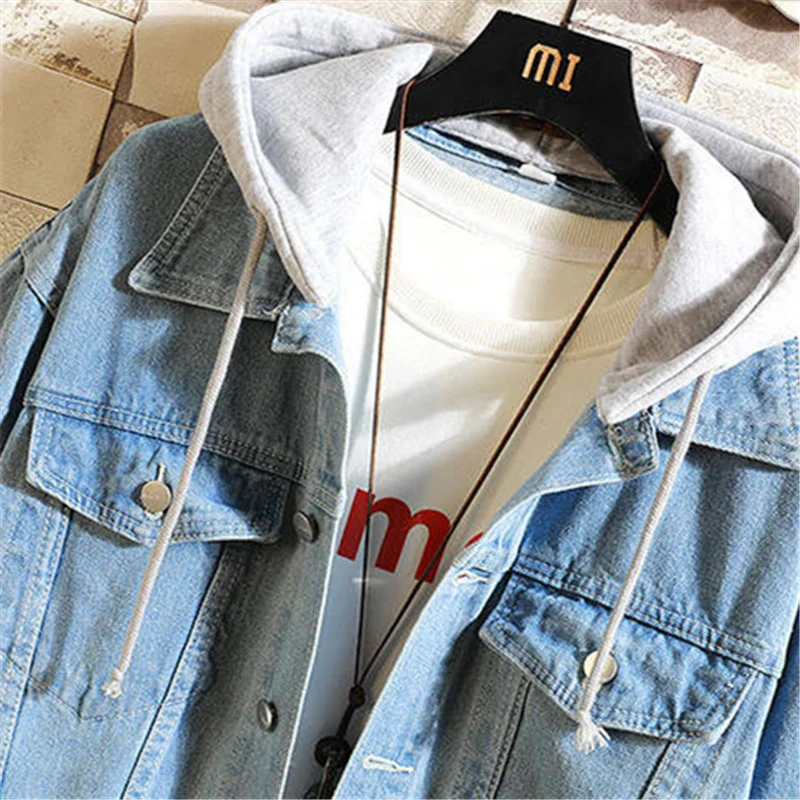 Denim Jacket Men Hooded Casual Men Jean Jackets Streetwear Solid Color Turn Down Collar Denim Coats Men Jacktes Hat Detachable