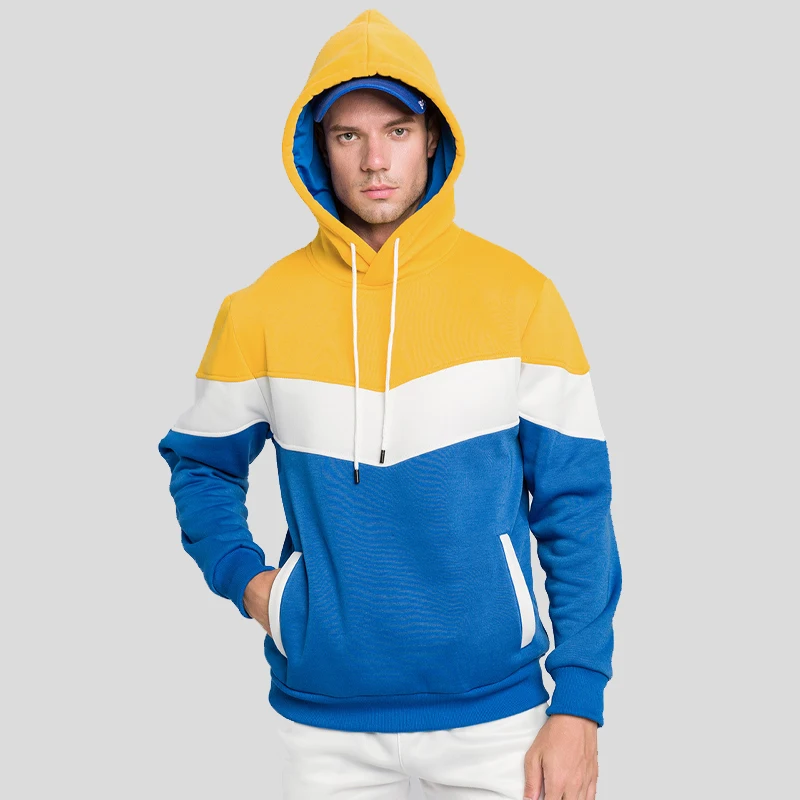 Men's Patchwork Hoodie Outdoor Casual Sportswear Street Fashion Men's Fleece Thermal Hooded Sweatshirt Fall Winter Black