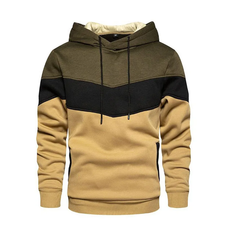 Men's Patchwork Hoodie Outdoor Casual Sportswear Street Fashion Men's Fleece Thermal Hooded Sweatshirt Fall Winter Black