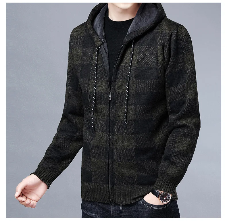 Men Sweater Jacket Fashion Winter Coat Fleece Hoodies High Quality Luxury Checkered Hooded Knit Cardigan Male Outer Wear