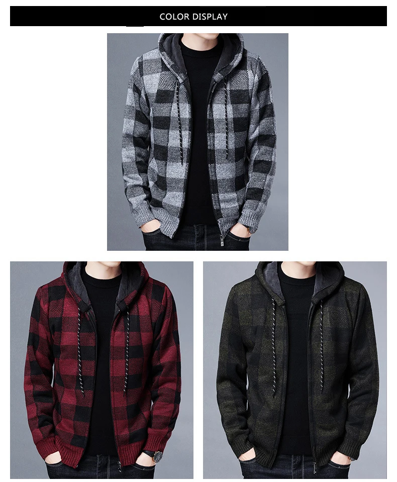 Men Sweater Jacket Fashion Winter Coat Fleece Hoodies High Quality Luxury Checkered Hooded Knit Cardigan Male Outer Wear