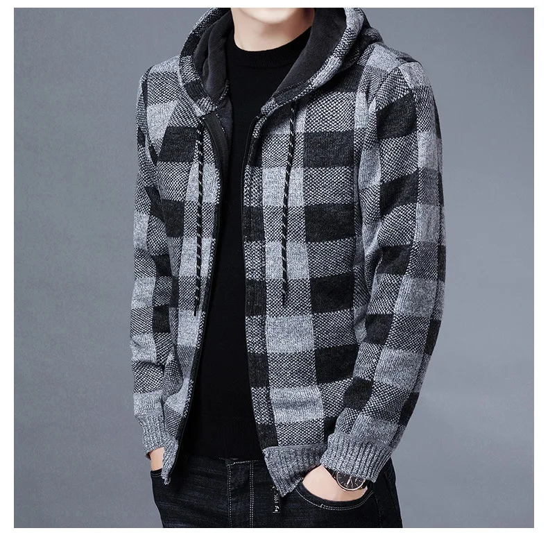 Men Sweater Jacket Fashion Winter Coat Fleece Hoodies High Quality Luxury Checkered Hooded Knit Cardigan Male Outer Wear