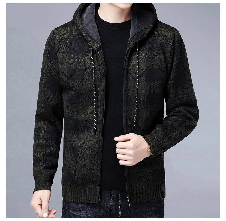 Men Sweater Jacket Fashion Winter Coat Fleece Hoodies High Quality Luxury Checkered Hooded Knit Cardigan Male Outer Wear