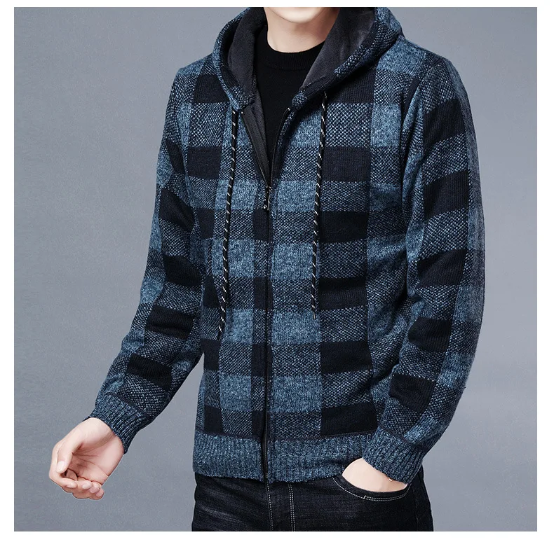 Men Sweater Jacket Fashion Winter Coat Fleece Hoodies High Quality Luxury Checkered Hooded Knit Cardigan Male Outer Wear