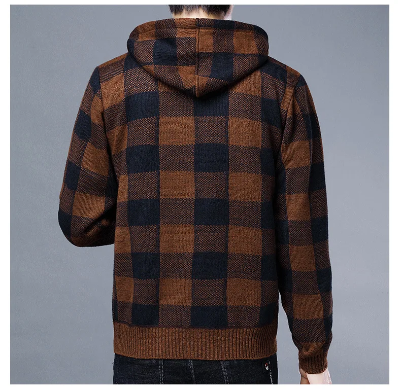 Men Sweater Jacket Fashion Winter Coat Fleece Hoodies High Quality Luxury Checkered Hooded Knit Cardigan Male Outer Wear