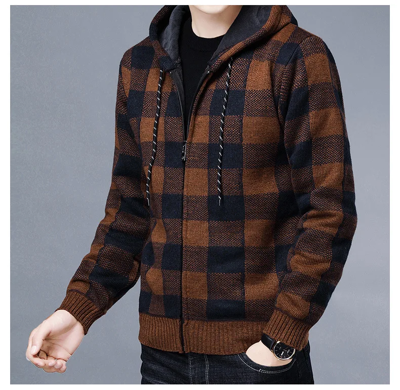 Men Sweater Jacket Fashion Winter Coat Fleece Hoodies High Quality Luxury Checkered Hooded Knit Cardigan Male Outer Wear