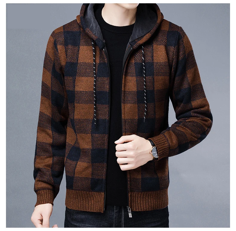 Men Sweater Jacket Fashion Winter Coat Fleece Hoodies High Quality Luxury Checkered Hooded Knit Cardigan Male Outer Wear