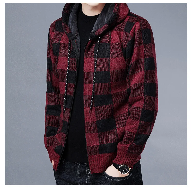 Men Sweater Jacket Fashion Winter Coat Fleece Hoodies High Quality Luxury Checkered Hooded Knit Cardigan Male Outer Wear