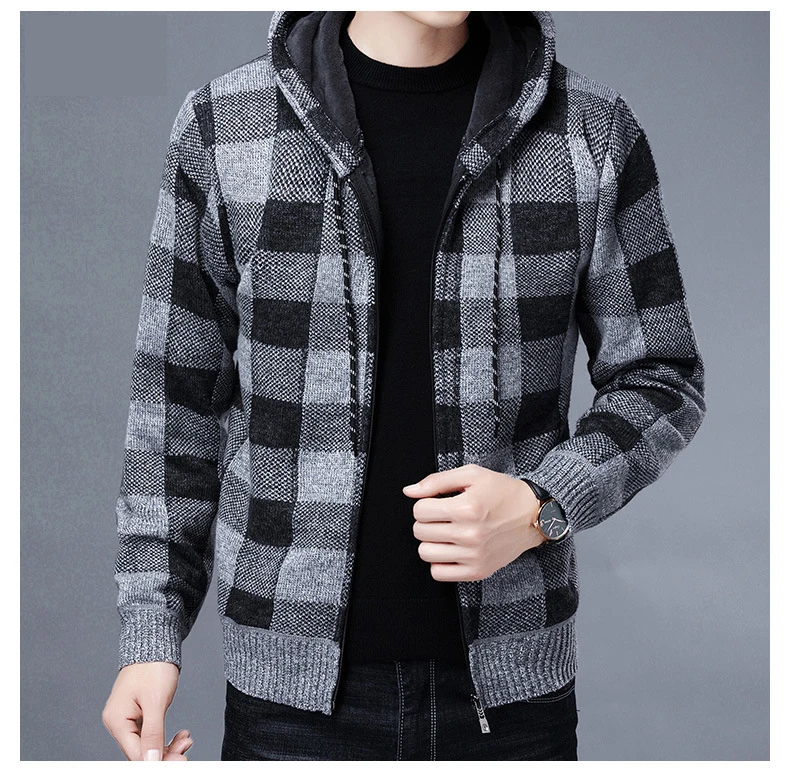 Men Sweater Jacket Fashion Winter Coat Fleece Hoodies High Quality Luxury Checkered Hooded Knit Cardigan Male Outer Wear