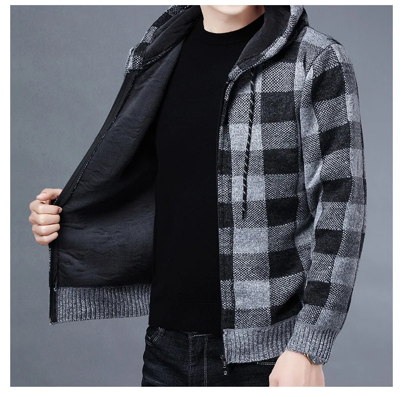 Men Sweater Jacket Fashion Winter Coat Fleece Hoodies High Quality Luxury Checkered Hooded Knit Cardigan Male Outer Wear