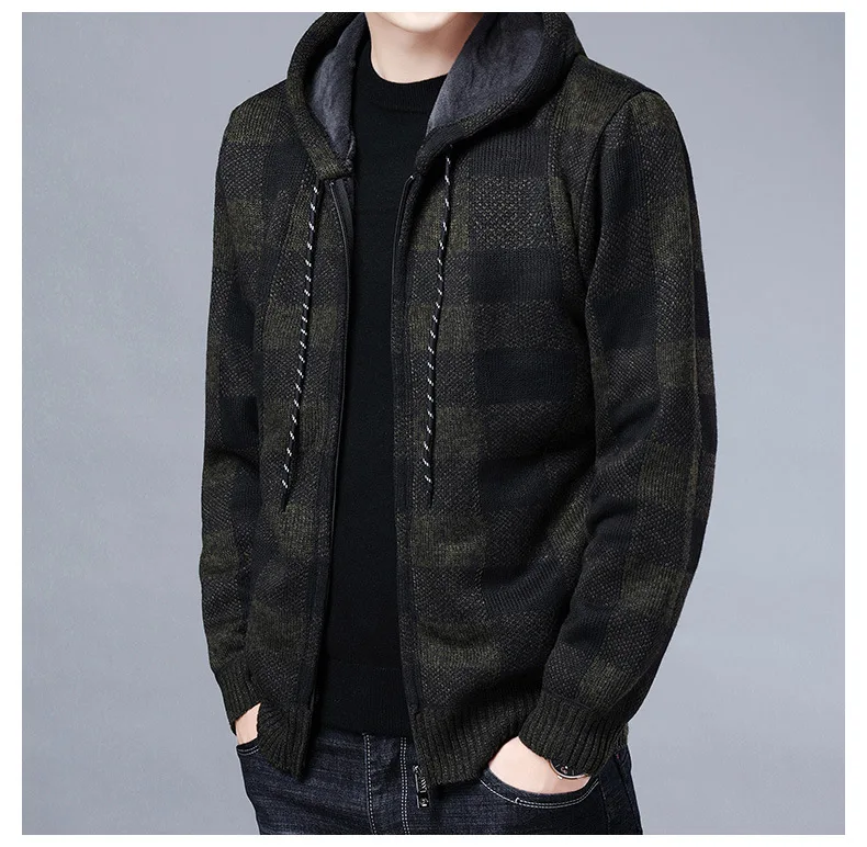 Men Sweater Jacket Fashion Winter Coat Fleece Hoodies High Quality Luxury Checkered Hooded Knit Cardigan Male Outer Wear