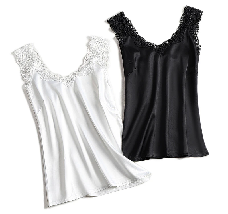 Lace Strap Silk Top Women Sexy V Neck Sleeveless WhiteVest Satin Elasticity Mesh Silk Tank Tops Women Basic Plus Size Camisole