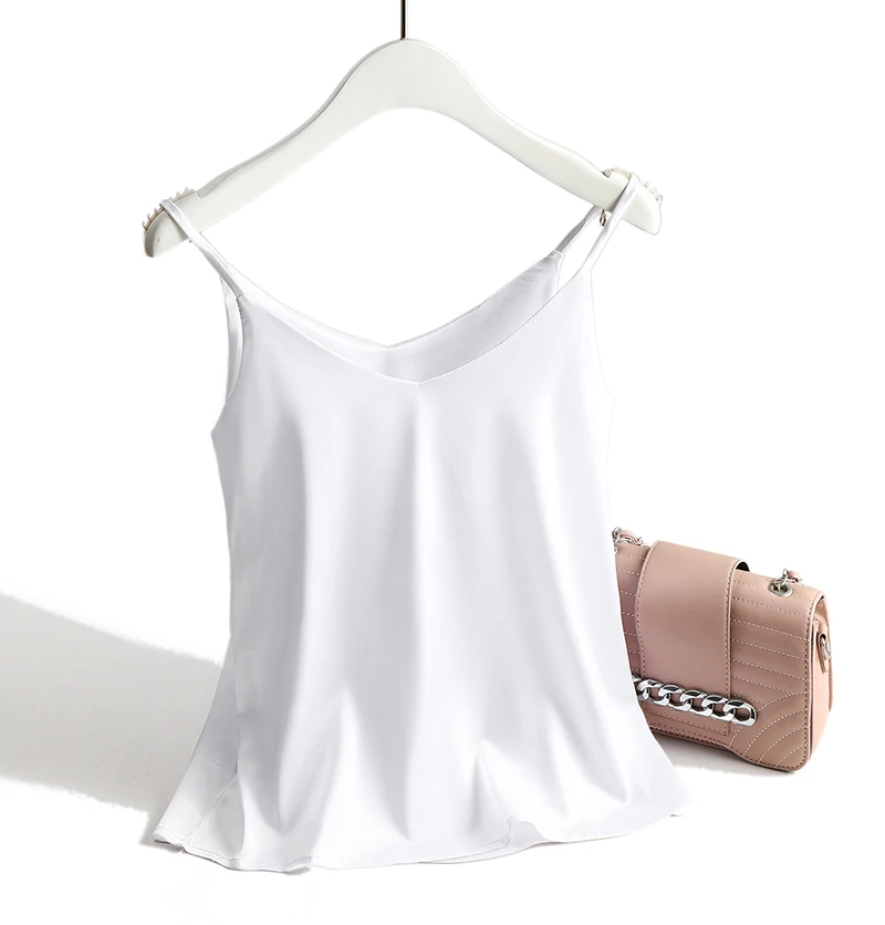 Spaghetti Strap Top Women Halter V Neck Basic White Cami Sleeveless Satin Silk Tank Tops Women'S Summer 2024 Camisole