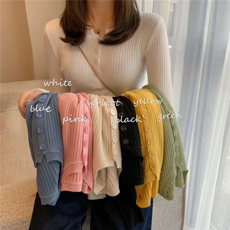 2024 Knitted Women Button Sweater Pullovers spring Autumn Basic Women highneck Sweaters Pullover Slim female High Quality Top