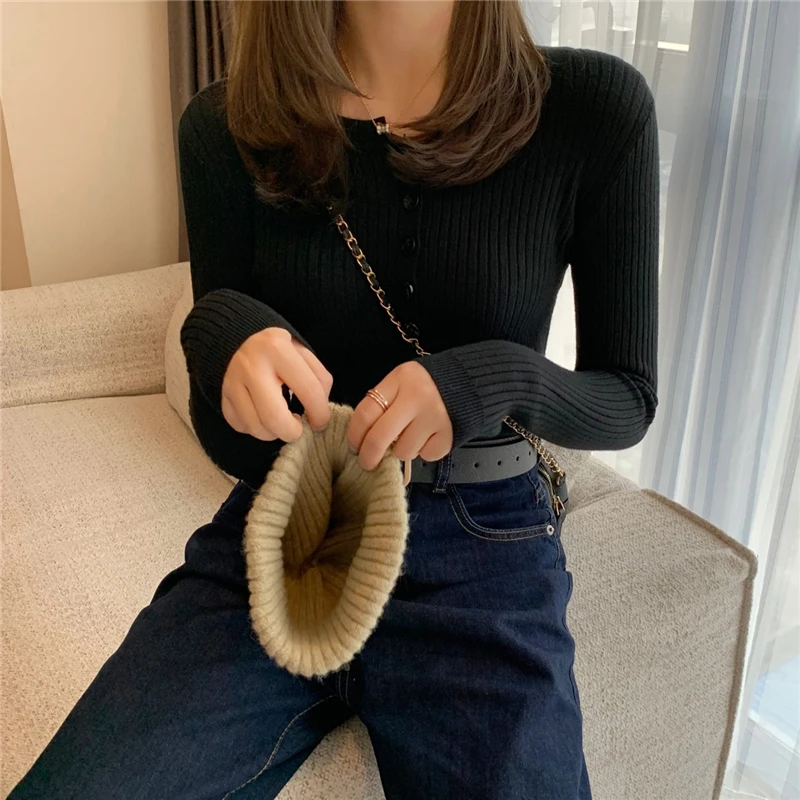 2024 Knitted Women Button Sweater Pullovers spring Autumn Basic Women highneck Sweaters Pullover Slim female High Quality Top