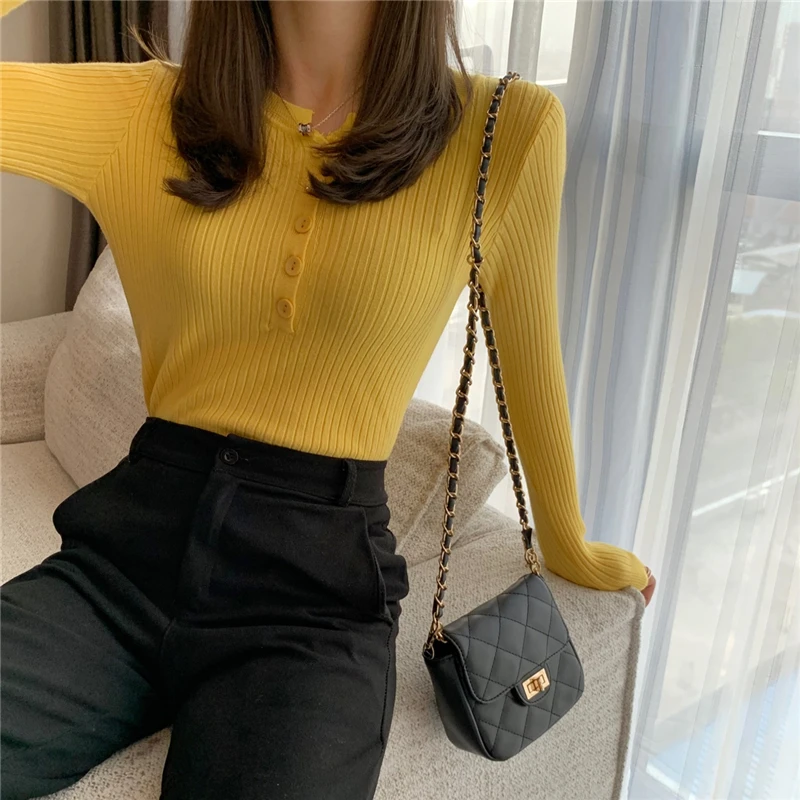 2024 Knitted Women Button Sweater Pullovers spring Autumn Basic Women highneck Sweaters Pullover Slim female High Quality Top