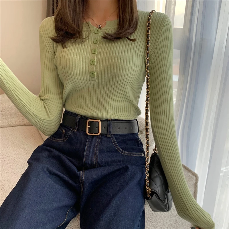 2024 Knitted Women Button Sweater Pullovers spring Autumn Basic Women highneck Sweaters Pullover Slim female High Quality Top