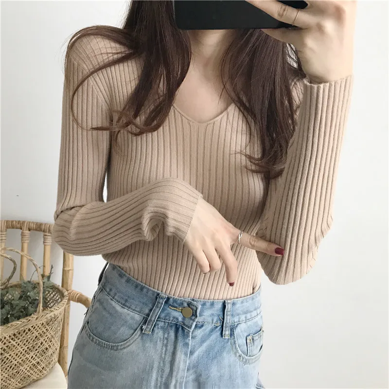 Korean Autumn V Neck Sweater Knitted Fashion Sweaters 2024 Slim Winter Tops For Women Pullover Jumper Pull Femme Truien Dames