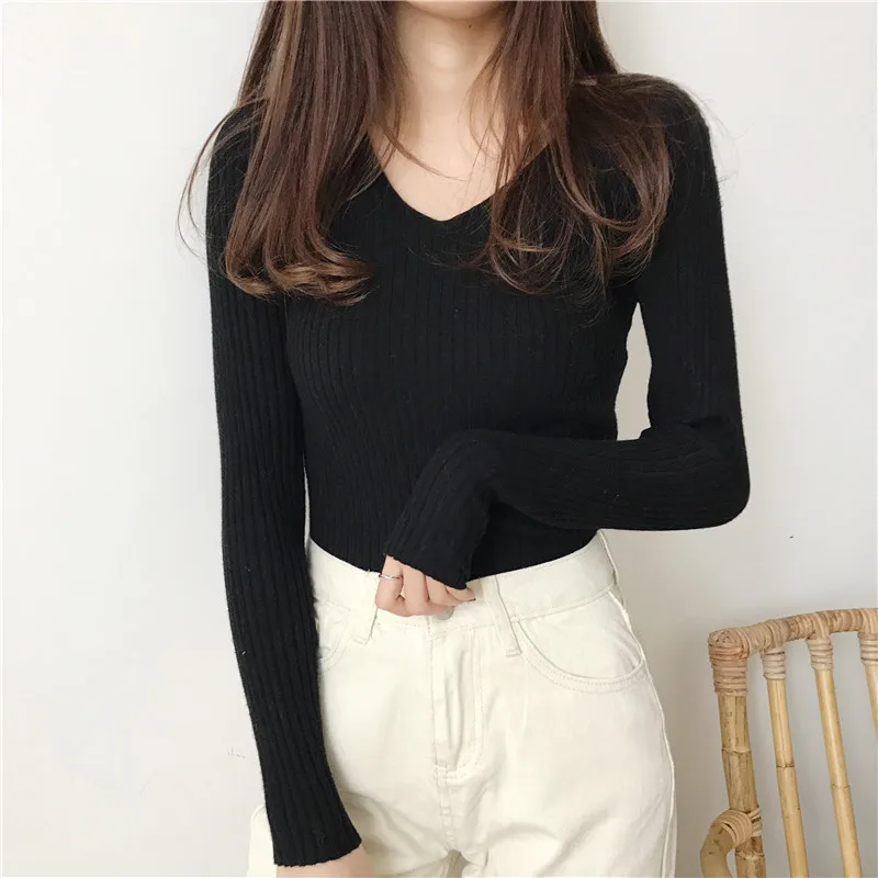 Korean Autumn V Neck Sweater Knitted Fashion Sweaters 2024 Slim Winter Tops For Women Pullover Jumper Pull Femme Truien Dames