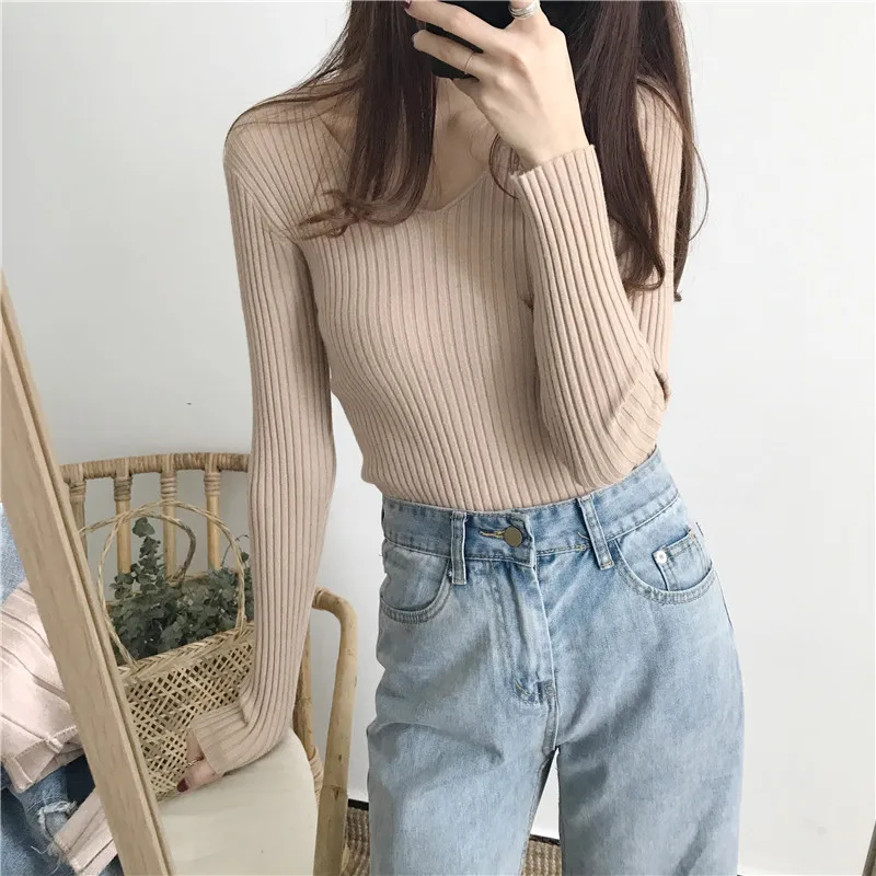 Korean Autumn V Neck Sweater Knitted Fashion Sweaters 2024 Slim Winter Tops For Women Pullover Jumper Pull Femme Truien Dames