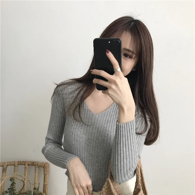 Korean Autumn V Neck Sweater Knitted Fashion Sweaters 2024 Slim Winter Tops For Women Pullover Jumper Pull Femme Truien Dames