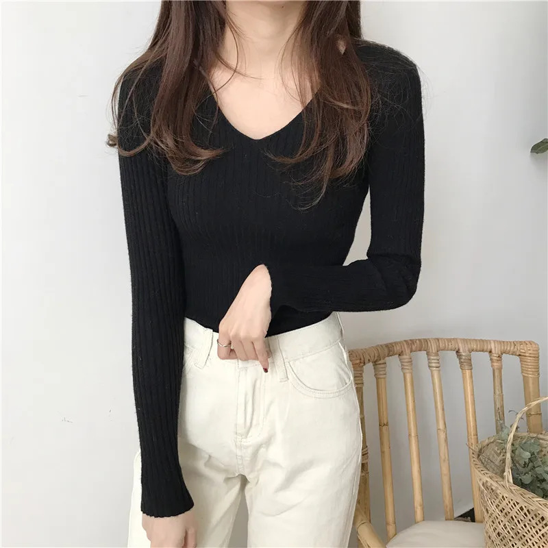 Korean Autumn V Neck Sweater Knitted Fashion Sweaters 2024 Slim Winter Tops For Women Pullover Jumper Pull Femme Truien Dames