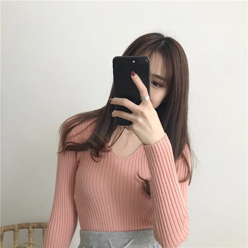 Korean Autumn V Neck Sweater Knitted Fashion Sweaters 2024 Slim Winter Tops For Women Pullover Jumper Pull Femme Truien Dames