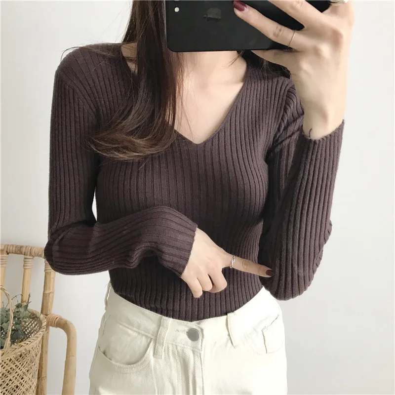 Korean Autumn V Neck Sweater Knitted Fashion Sweaters 2024 Slim Winter Tops For Women Pullover Jumper Pull Femme Truien Dames