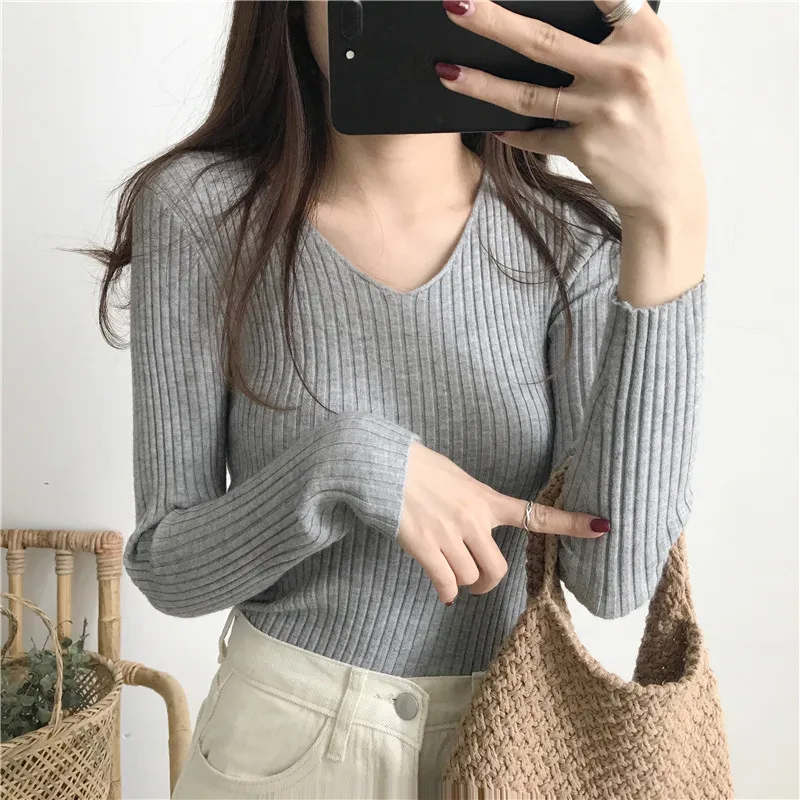 Korean Autumn V Neck Sweater Knitted Fashion Sweaters 2024 Slim Winter Tops For Women Pullover Jumper Pull Femme Truien Dames