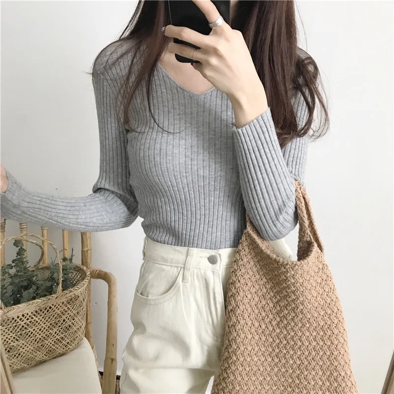 Korean Autumn V Neck Sweater Knitted Fashion Sweaters 2024 Slim Winter Tops For Women Pullover Jumper Pull Femme Truien Dames