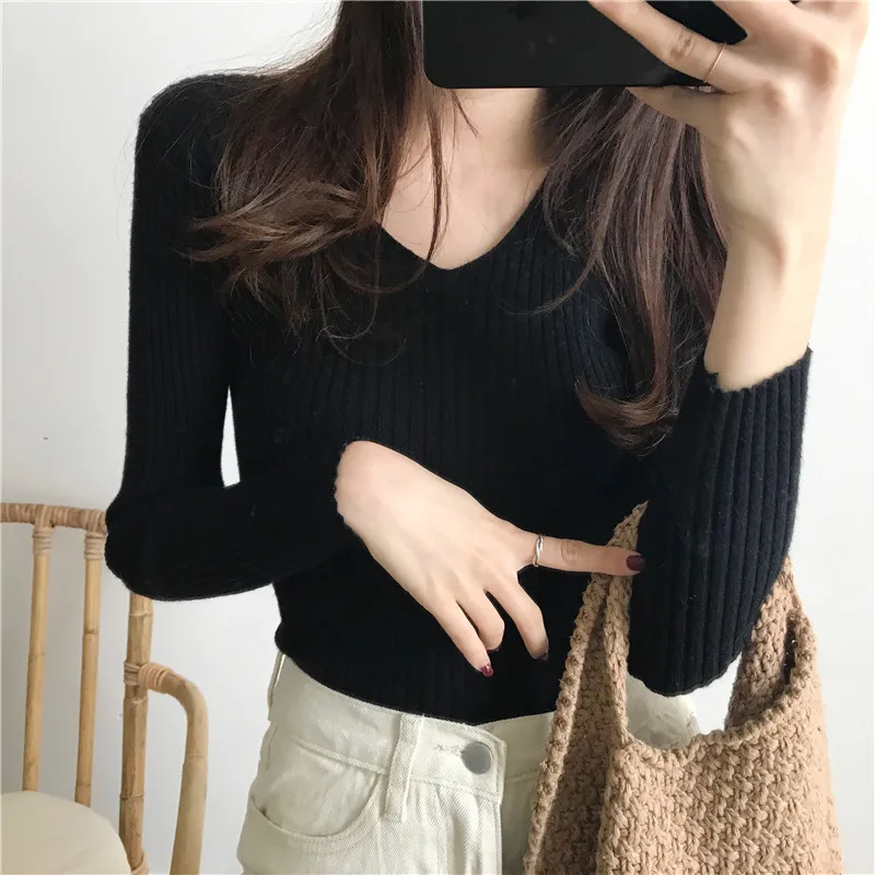 Korean Autumn V Neck Sweater Knitted Fashion Sweaters 2024 Slim Winter Tops For Women Pullover Jumper Pull Femme Truien Dames