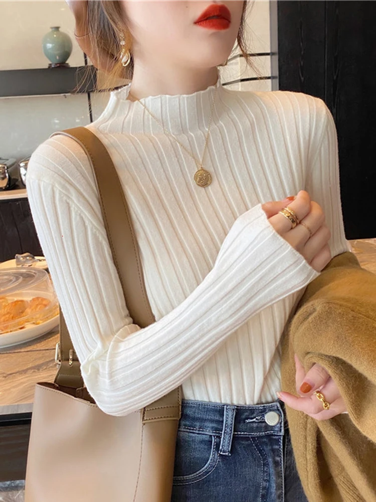 Autumn Winter Knitted Ribbed Turtleneck Sweater Women Clothes 2024 Long Sleeve Slim Basic Pullover Woman Sweaters Solid Tops