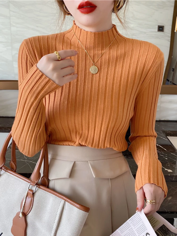 Autumn Winter Knitted Ribbed Turtleneck Sweater Women Clothes 2024 Long Sleeve Slim Basic Pullover Woman Sweaters Solid Tops