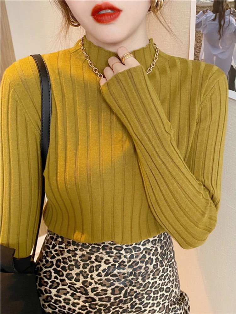 Autumn Winter Knitted Ribbed Turtleneck Sweater Women Clothes 2024 Long Sleeve Slim Basic Pullover Woman Sweaters Solid Tops