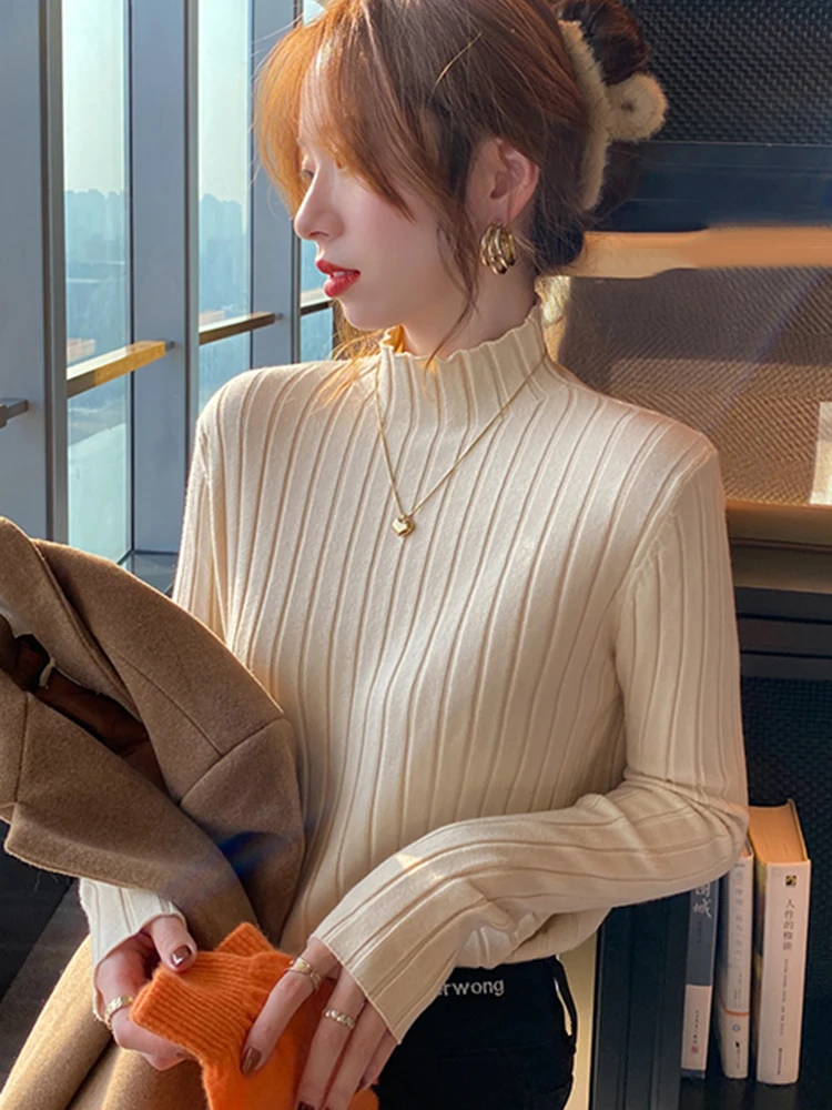 Autumn Winter Knitted Ribbed Turtleneck Sweater Women Clothes 2024 Long Sleeve Slim Basic Pullover Woman Sweaters Solid Tops