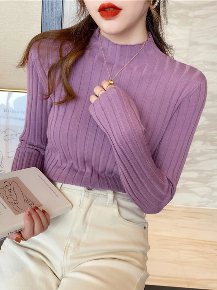 Autumn Winter Knitted Ribbed Turtleneck Sweater Women Clothes 2024 Long Sleeve Slim Basic Pullover Woman Sweaters Solid Tops