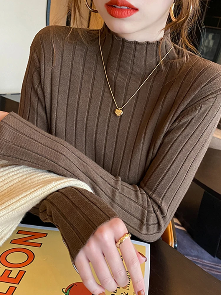 Autumn Winter Knitted Ribbed Turtleneck Sweater Women Clothes 2024 Long Sleeve Slim Basic Pullover Woman Sweaters Solid Tops