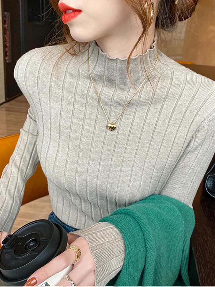 Autumn Winter Knitted Ribbed Turtleneck Sweater Women Clothes 2024 Long Sleeve Slim Basic Pullover Woman Sweaters Solid Tops