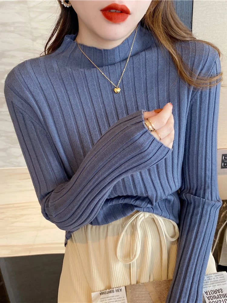 Autumn Winter Knitted Ribbed Turtleneck Sweater Women Clothes 2024 Long Sleeve Slim Basic Pullover Woman Sweaters Solid Tops