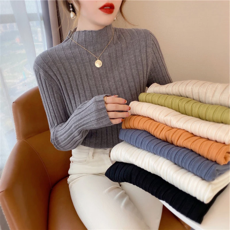 Autumn Winter Knitted Ribbed Turtleneck Sweater Women Clothes 2024 Long Sleeve Slim Basic Pullover Woman Sweaters Solid Tops