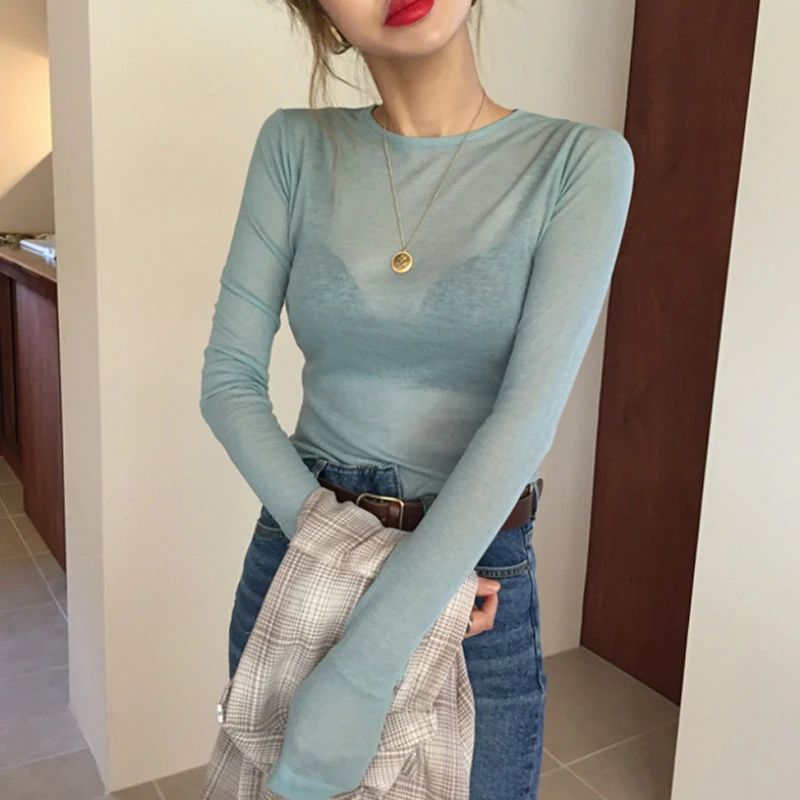 sexy slim high quality plain t shirt women tops spring summer club party see-through Transparent long sleeve tee shirt female