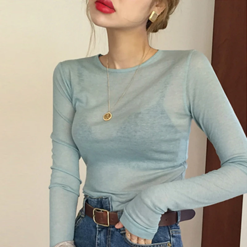 sexy slim high quality plain t shirt women tops spring summer club party see-through Transparent long sleeve tee shirt female