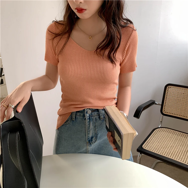 AOSSVIAO 2024 Basic V-neck Solid Thin Summer Pullover Women Female Knitted Ribbed Sweater Slim Short Sleeve Bodycon Sweater