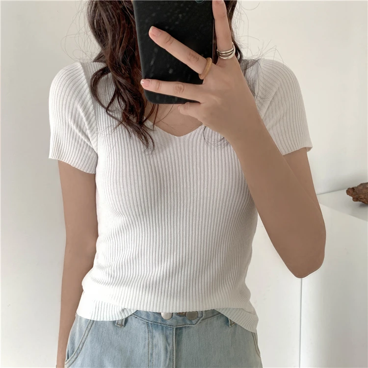 AOSSVIAO 2024 Basic V-neck Solid Thin Summer Pullover Women Female Knitted Ribbed Sweater Slim Short Sleeve Bodycon Sweater