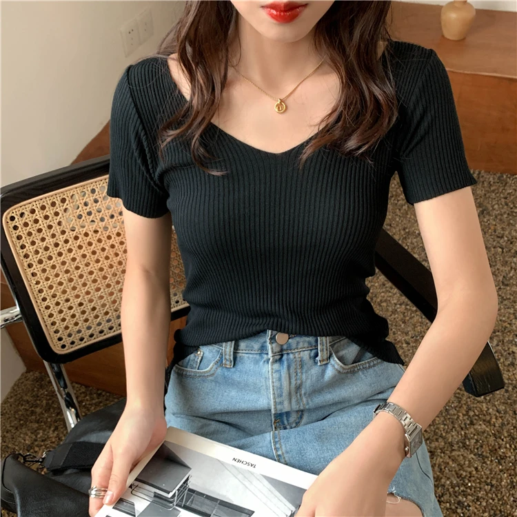 AOSSVIAO 2024 Basic V-neck Solid Thin Summer Pullover Women Female Knitted Ribbed Sweater Slim Short Sleeve Bodycon Sweater