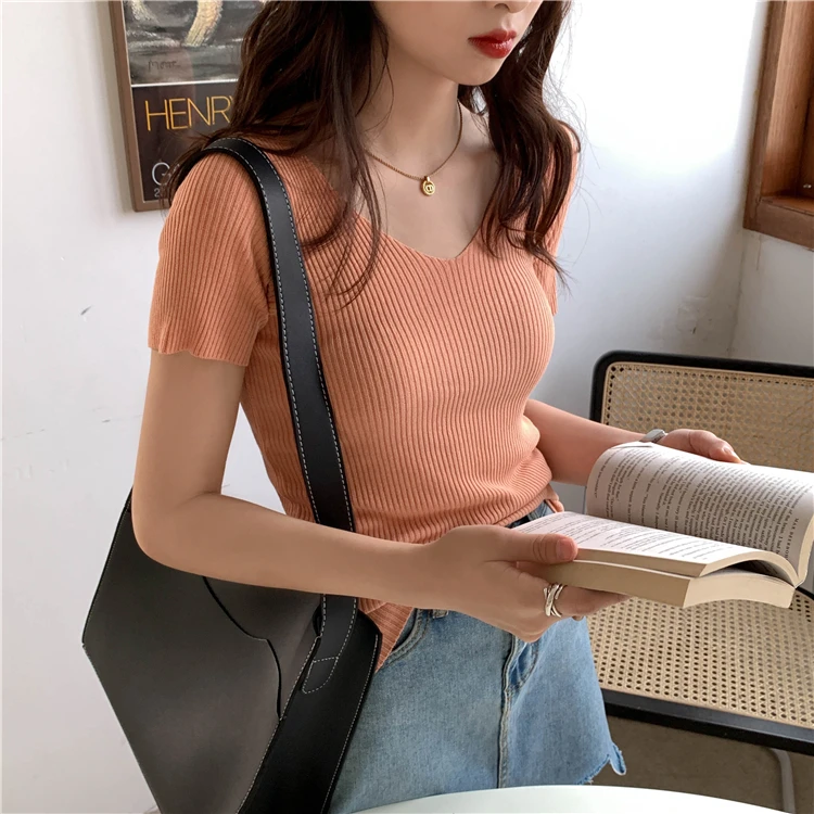 AOSSVIAO 2024 Basic V-neck Solid Thin Summer Pullover Women Female Knitted Ribbed Sweater Slim Short Sleeve Bodycon Sweater