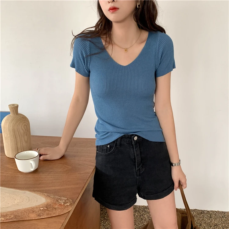 AOSSVIAO 2024 Basic V-neck Solid Thin Summer Pullover Women Female Knitted Ribbed Sweater Slim Short Sleeve Bodycon Sweater