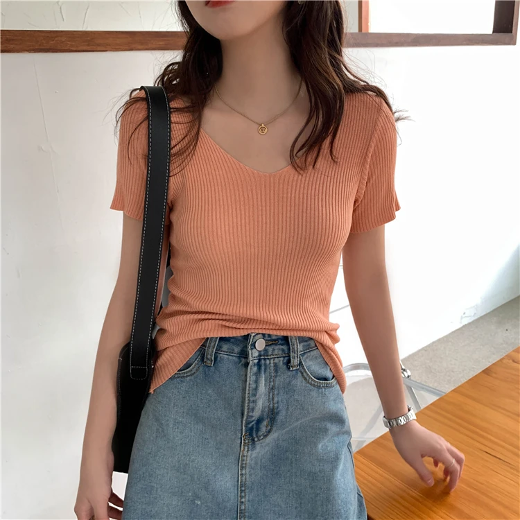 AOSSVIAO 2024 Basic V-neck Solid Thin Summer Pullover Women Female Knitted Ribbed Sweater Slim Short Sleeve Bodycon Sweater