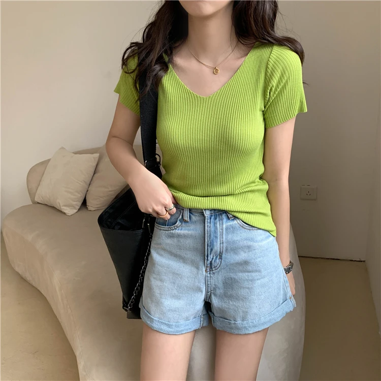 AOSSVIAO 2024 Basic V-neck Solid Thin Summer Pullover Women Female Knitted Ribbed Sweater Slim Short Sleeve Bodycon Sweater