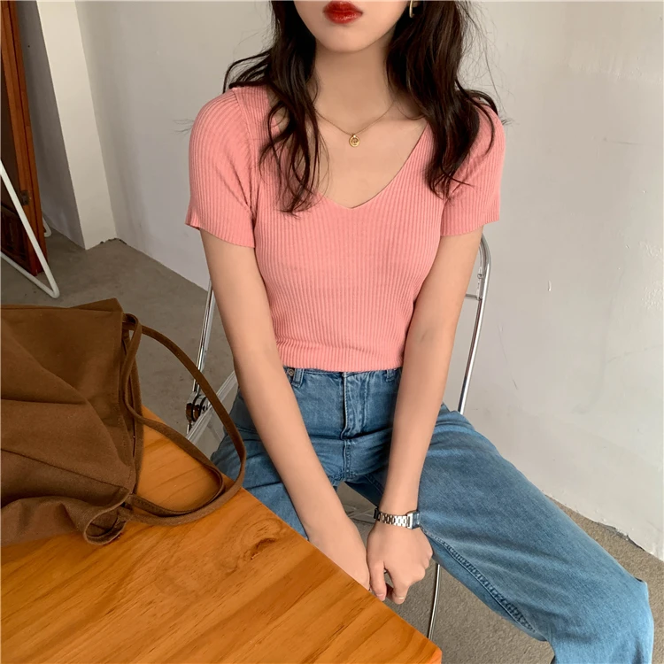 AOSSVIAO 2024 Basic V-neck Solid Thin Summer Pullover Women Female Knitted Ribbed Sweater Slim Short Sleeve Bodycon Sweater